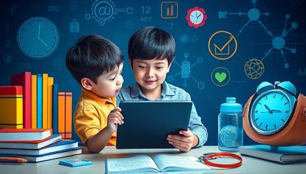 An engaging visual representation of a student interacting with a virtual tutor on a tablet, surrounded by educational tools and dynamic learning content, illustrating a personalized and interactive learning experience powered by AI technology.