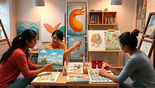 An emotionally expressive virtual art therapy session with participants engaging in creative art projects, painting sessions, and therapeutic activities in a supportive and healing environment, symbolizing the transformative power of art as a tool for emotional healing and self-discovery.