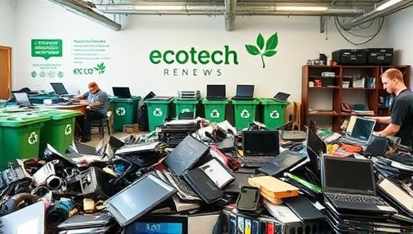 A collection of discarded electronic devices being sorted and refurbished in a sustainable tech recycling center, with technicians working on laptops and smartphones, recycling bins for e-waste disposal, and eco-conscious branding, highlighting the environmental mission and impact of EcoTech Renew