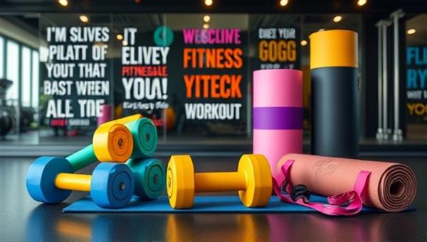 A sleek and modern fitness studio setup featuring custom-designed dumbbells, resistance bands, and yoga mats in vibrant colors and stylish finishes, arranged on a mirrored backdrop with motivational fitness quotes and energetic workout visuals, inspiring individuals to elevate their exercise experience with personalized gear.