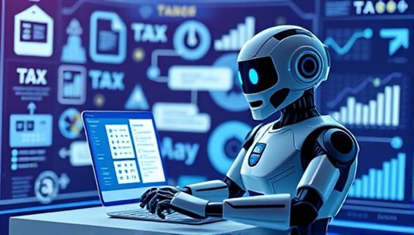 A futuristic visual representation of TaxTalker as a friendly chatbot guiding a user through tax forms on a digital interface, with tax-related icons and graphs in the background, symbolizing efficient and personalized tax assistance in a digital age.