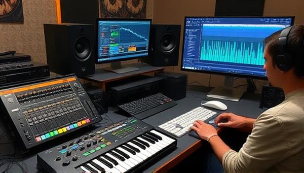 A digital music studio setup featuring music production equipment, MIDI controllers, and a computer screen displaying music software interfaces, with a musician creating music tracks in a virtual workshop environment, highlighting creativity and musical expression.