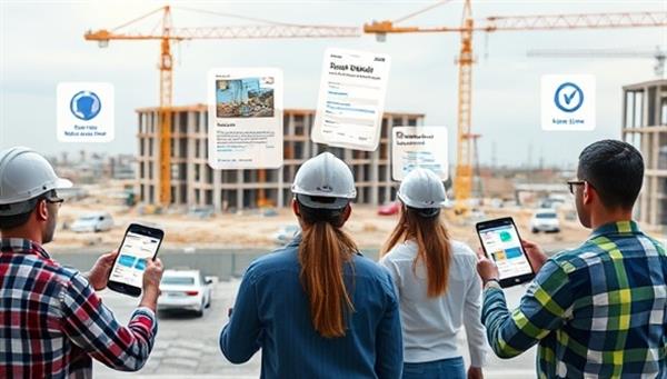A digital representation of a construction site with various team members using smartphones and tablets to access the BuildSmart Pro app, showcasing real-time project updates, task assignments, and budget tracking features in action.