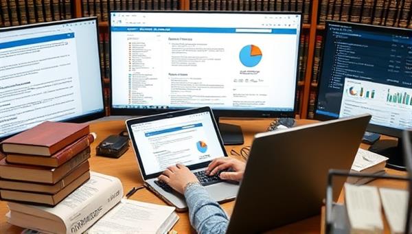 An image of a person conducting legal research on a laptop, surrounded by law books and digital screens displaying legal databases and resources, depicting a dedicated and knowledgeable approach to legal information retrieval.