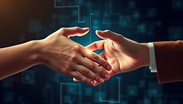 An artistic depiction of two hands symbolizing borrowers and lenders coming together through a digital interface on the LendBud platform, showcasing trust, collaboration, and financial support in a peer-to-peer setting.