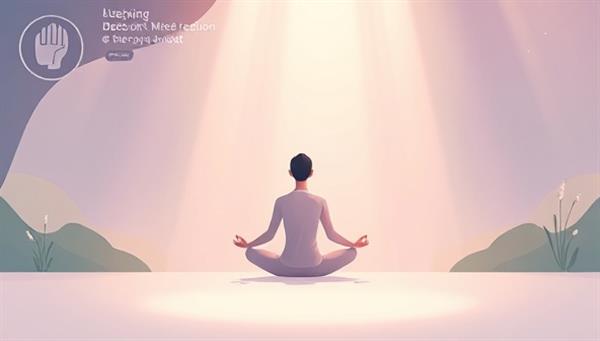 A serene and tranquil digital illustration featuring a figure meditating in a peaceful natural setting, surrounded by soft hues, gentle streams of light, and symbols of mindfulness and relaxation, evoking a sense of inner calm and mental clarity.