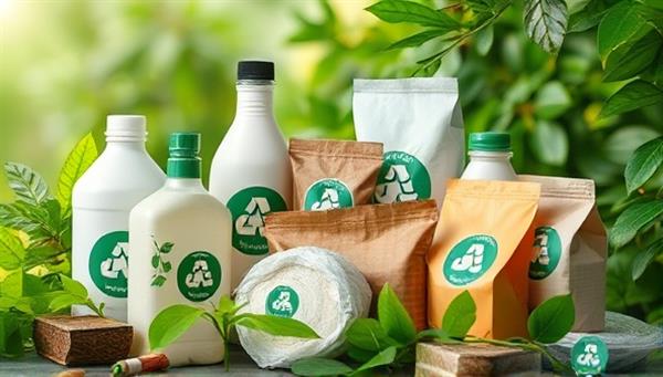 An array of biodegradable packaging products displayed in a natural setting, surrounded by green leaves and recyclable symbols, symbolizing eco-friendliness and sustainability.
