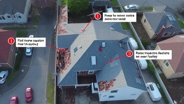 An aerial view captured by a drone showing a damaged property with annotations highlighting areas of concern, demonstrating the detailed inspection capabilities of SkyShield Coverage.