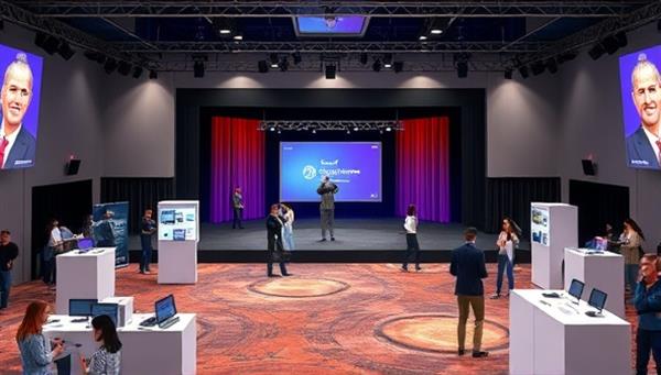 A virtual event setup with a stage, interactive booths, and audience avatars engaging in a digital conference environment, illustrating the immersive and engaging nature of VirtualEventPro