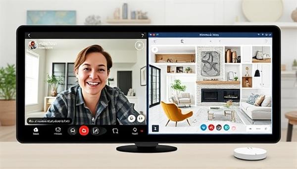 A split-screen image showing a homeowner on a video call with a renovation expert, discussing design ideas and material options, with a virtual mood board displayed on the screen, illustrating a modern and stylish living room transformation.