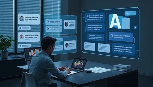 An image of a writer at a desk with a futuristic holographic screen displaying various writing prompts and content suggestions powered by AI, showcasing the platform