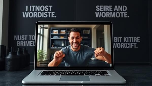 An energetic virtual workout session with a coach guiding a client through exercises via a video call, showcasing the convenience and effectiveness of remote fitness coaching, with motivational fitness quotes in the background.