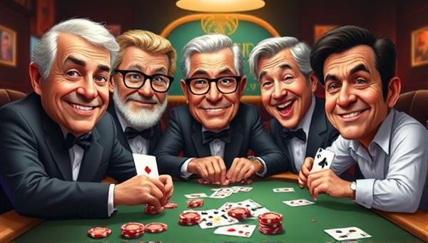 An engaging digital poster featuring caricatures of famous celebrities playing poker with animated expressions, surrounded by virtual poker chips and cards, creating a fun and lively atmosphere.
