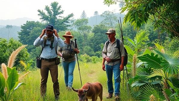 An artistic representation of a team of environmental experts conducting field assessments with scientific equipment, surrounded by lush greenery and wildlife, symbolizing expertise in environmental impact evaluation and conservation.
