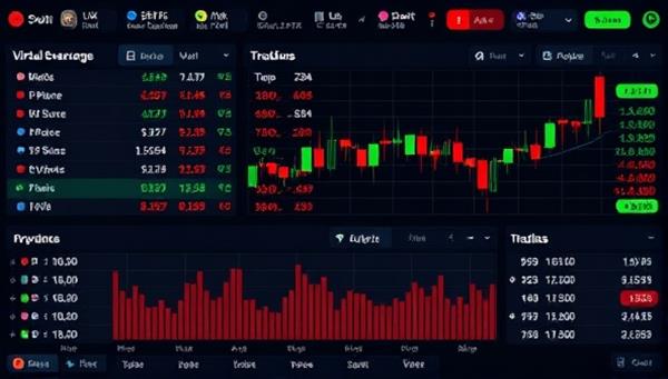 An interactive virtual stock market interface displaying stock prices, trading charts, and investment options, creating a dynamic and engaging trading experience within StockSim Bet.