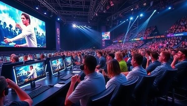 An exciting gaming tournament scene showcasing players competing in a high-stakes virtual match, with cheering spectators, flashing lights, and a professional host, capturing the intensity and excitement of competitive gaming events.