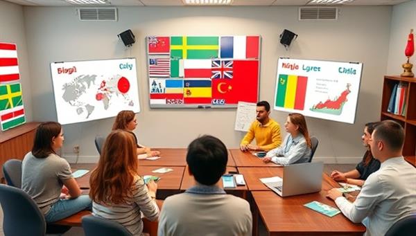 An engaging virtual classroom setting with diverse avatars representing different nationalities, exchanging language tips and cultural insights on digital whiteboards, with language flags and learning resources in the background, fostering a sense of global connection and learning.