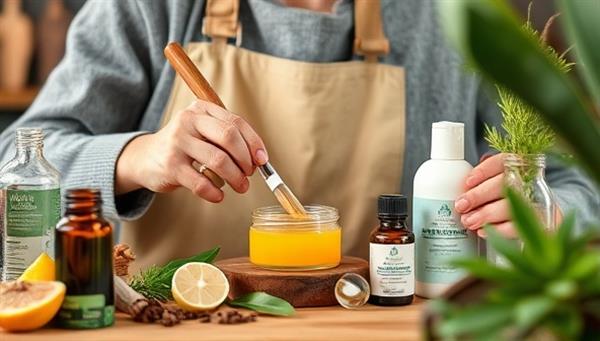 An artisan blending natural ingredients to create a nourishing skincare product, surrounded by botanical extracts, essential oils, and eco-friendly packaging, reflecting the essence of purity, nature, and beauty in organic skincare manufacturing.