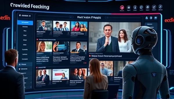 A futuristic interface displaying a digital news feed customized with various news categories, with an AI-powered virtual assistant presenting news updates to a diverse group of individuals, symbolizing personalized news delivery.