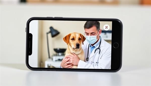 A smartphone displaying a virtual veterinary consultation in progress, with a concerned pet owner holding their pet up to the camera while a veterinarian provides advice, creating a personalized and caring virtual experience.