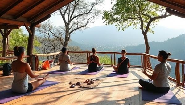 A serene virtual retreat setting with participants engaging in virtual yoga sessions, meditation circles, and wellness workshops amidst a tranquil natural backdrop, evoking a sense of peace and rejuvenation at Serenity Haven.