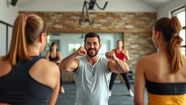 An energetic virtual fitness session with a coach leading a group of diverse clients through a workout via video call, showcasing the convenience and effectiveness of virtual fitness coaching services.