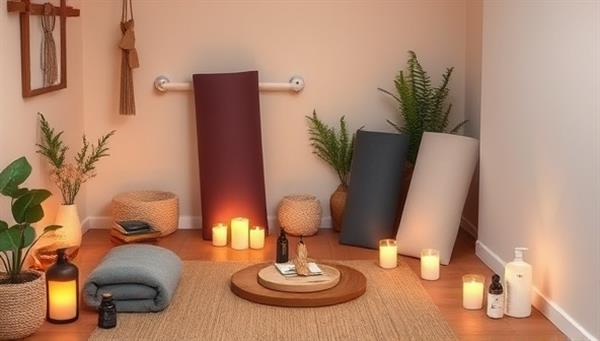 A serene and inviting wellness space featuring a cozy corner with yoga mats, essential oils, candles, and beauty products, creating a harmonious blend of beauty and wellness elements, promoting relaxation and self-care.