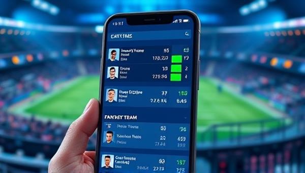 An interactive mobile screen displaying player statistics, game predictions, and fantasy team recommendations, surrounded by a digital sports arena backdrop, conveying a futuristic and data-driven approach to fantasy sports predictions.