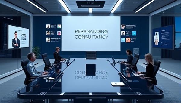 A sleek and modern digital artwork depicting a virtual boardroom setting with branding elements, social media icons, and professional profiles, symbolizing the synergy between personal branding consultancy and digital influence, with a focus on empowerment and growth.