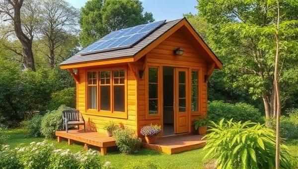 A picturesque setting featuring a beautifully crafted tiny house surrounded by lush greenery, solar panels on the roof, and large windows welcoming natural light, promoting a harmonious blend of sustainability and comfort.