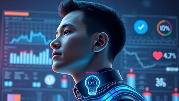 A futuristic illustration of a person wearing a smart health monitoring device, with data visualizations and health alerts displayed on a digital screen, emphasizing proactive health monitoring and advanced AI technology in remote healthcare management.