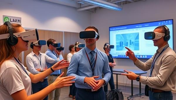 An engaging VR training scenario with participants wearing VR headsets, interacting with virtual environments, and engaging in hands-on learning activities, showcasing the immersive and innovative training experiences facilitated by VirtuLearn Solutions.