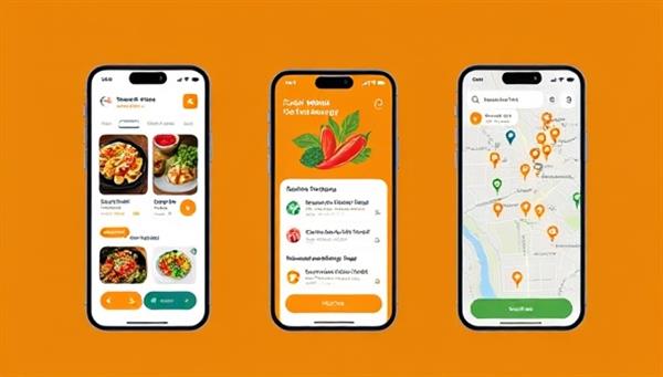 An engaging app interface mockup showing a user browsing discounted food items from local eateries, a community forum for sharing recipes and waste reduction tips, and a map feature displaying nearby participating businesses, creating a seamless and interactive food waste reduction experience.