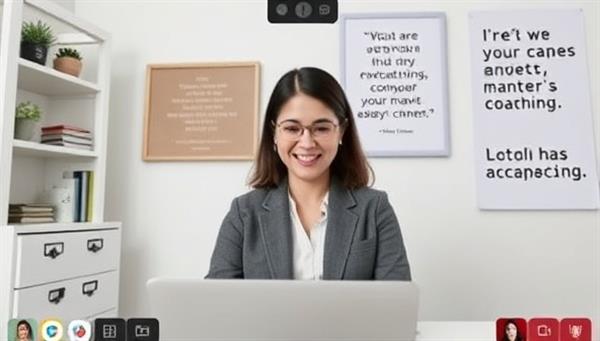 A virtual career coaching session with a professional coach providing guidance to a client via video call, with career resources and motivational quotes displayed in the background, creating a supportive and empowering coaching environment.