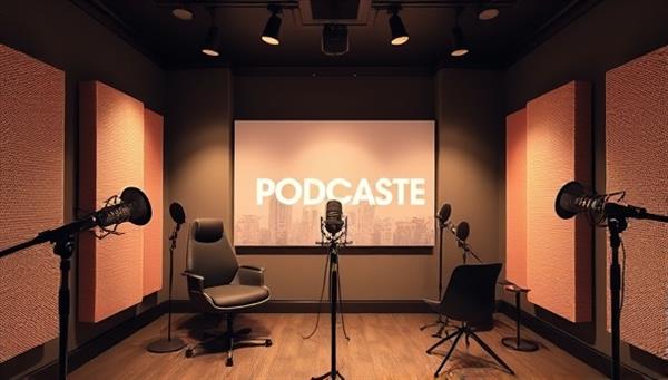 An artistic visualization of a podcast studio setup with microphones, soundproofing panels, and recording equipment, showcasing the behind-the-scenes production of engaging real estate podcasts for the PropertyPulse network, symbolizing the audio content creation and storytelling aspect of the platform.