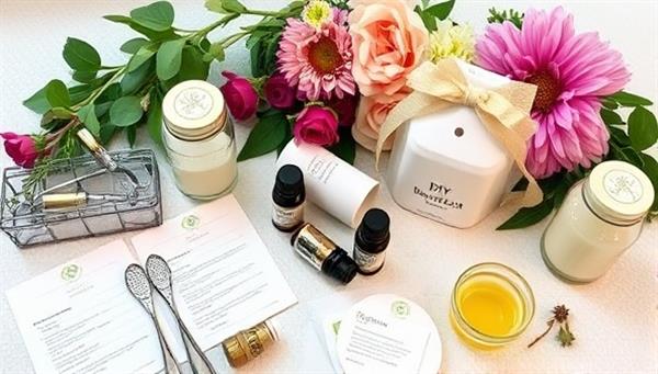 A beautifully styled flat lay of DIY beauty product making kits, featuring glass jars of ingredients, essential oils, mixing tools, and recipe cards, set against a backdrop of fresh flowers and greenery, evoking a sense of natural beauty and creativity.