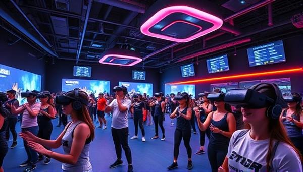 An energetic fitness arena filled with participants wearing VR headsets and engaging in virtual workouts or sports simulations, with digital displays showing real-time performance metrics and motivational messages, creating a dynamic and futuristic fitness environment that blends technology and exercise seamlessly.