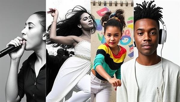 An artistic collage of various talents, such as a singer, a dancer, a painter, and a digital creator, symbolizing diversity and creativity in talent representation.