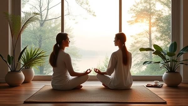 A serene and peaceful virtual coaching session with a wellness coach guiding a client through a meditation exercise, surrounded by calming nature visuals and relaxation aids, promoting a sense of tranquility and well-being.