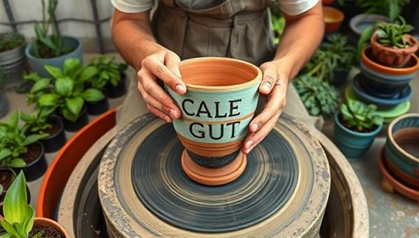 An artisan creating a personalized plant pot on a pottery wheel, surrounded by various plants and colorful glazes, showcasing the craftsmanship and customization aspect of the subscription service.