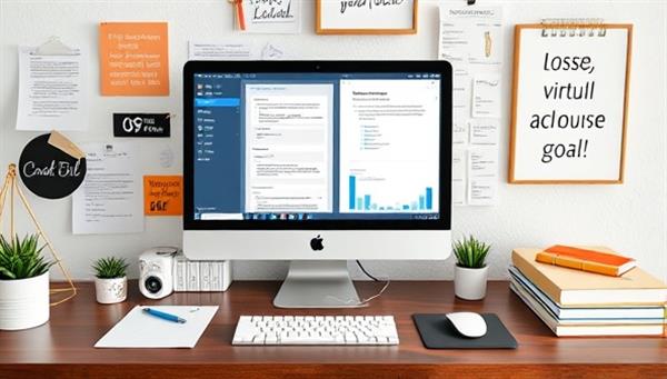 A digital workspace setup showcasing an organized desktop with productivity tools, task lists, motivational quotes, and a virtual productivity coach providing guidance and support to a client, illustrating a focused and efficient work environment for achieving goals.
