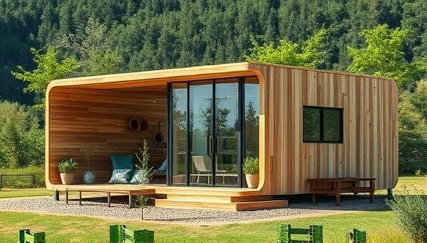 An innovative modular structure constructed entirely from sustainable materials, showcasing the versatility and modern aesthetic of eco-friendly construction solutions, set against a backdrop of green landscapes to emphasize sustainability.