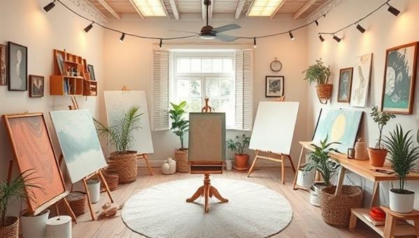 A serene virtual studio space filled with art supplies, calming colors, and cozy decor, where participants engage in therapeutic art activities led by a compassionate art therapist, fostering a sense of tranquility and emotional release through creativity.