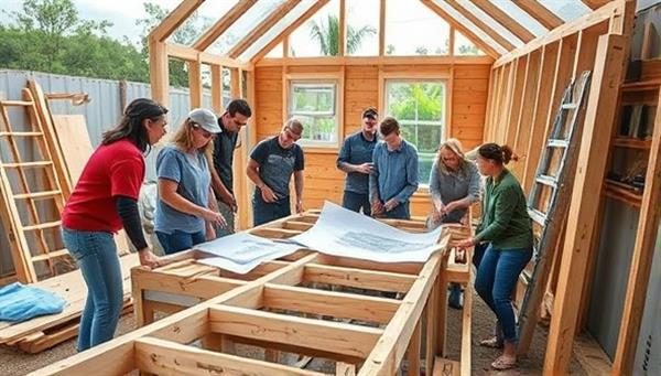 An image of a group of enthusiastic participants working together on building a tiny house frame, surrounded by tools, blueprints, and sustainable building materials, showcasing teamwork and creativity in action.