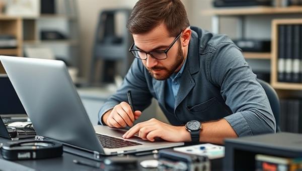 An expert technician working on a laptop repair with precision tools and a magnifying glass, surrounded by various tech devices awaiting repair, conveying professionalism and expertise in tech services.