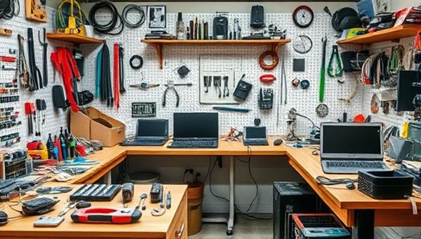 A tech repair and upcycling studio workspace filled with electronic tools, spare parts, and upcycled tech accessories, displaying a mix of creativity and innovation in repurposing old gadgets and devices into new and functional items.
