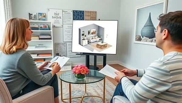 A virtual interior design consultation session in progress with a designer presenting a digital mood board and 3D room visualization to a client, surrounded by fabric swatches, paint samples, and design magazines, capturing the essence of creative and collaborative design process at DesignVibe.