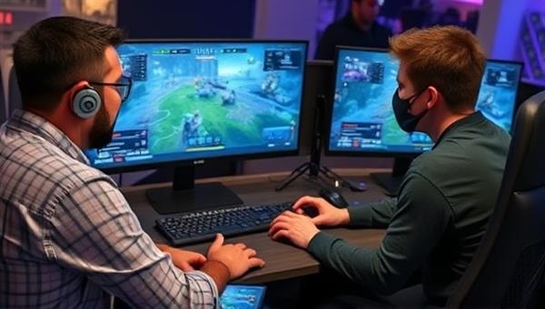 An experienced gaming mentor providing personalized coaching to a dedicated student, analyzing gameplay strategies on a dual-screen setup while discussing tactics and improvement plans, showcasing the mentorship process in action.
