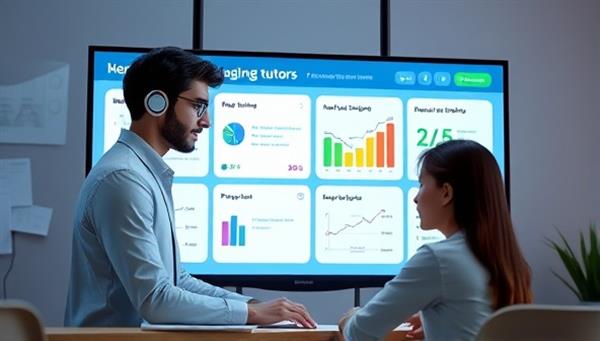 An AI-powered tutor avatar interacting with a student on a virtual screen, displaying personalized study recommendations and progress tracking, illustrating the technology-driven and adaptive nature of the tutoring platform.