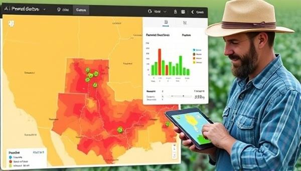 An AI-powered software interface displaying real-time crop disease detection results on a farm map, with color-coded indicators and treatment recommendations, alongside a farmer using a tablet to access the data, showcasing the seamless integration of technology in agriculture for crop protection.